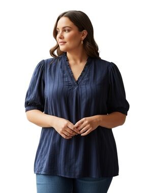 Lane Bryant Plus Size 20 XXL 2X Navy V-Neck Ruffle Puff 3/4 Sleeve Woven Blouse